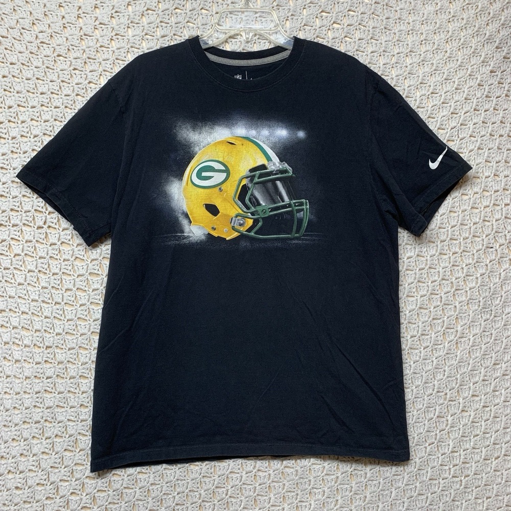 NFL Nike T-shirt Mens Sz XL Black Green GB Packers Football Helmet Short Sleeve‎